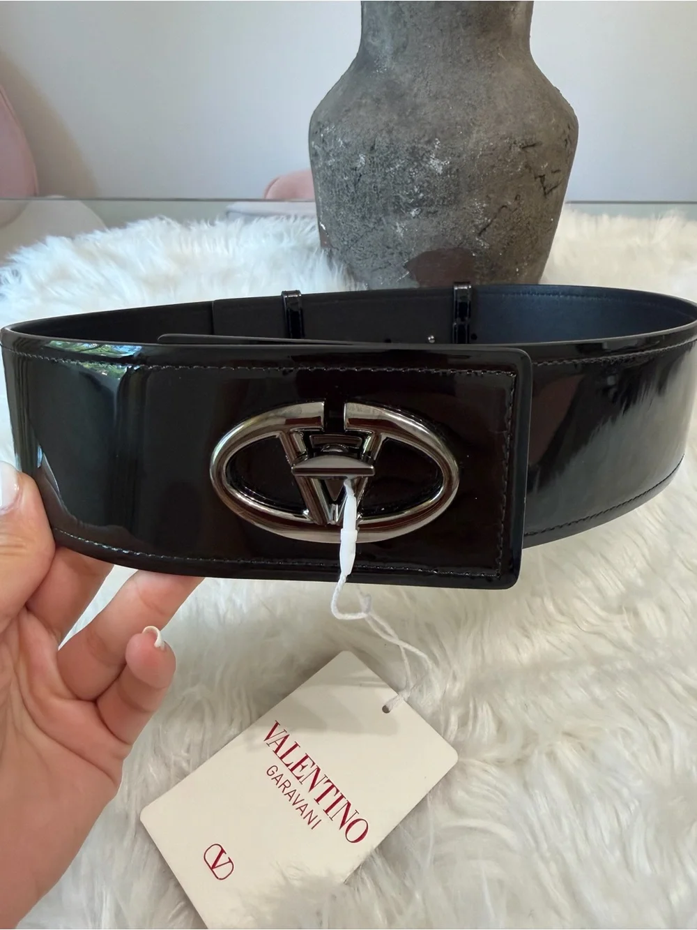 Valentino Garavani Black Patent Leather Wide Waist Belt with Silver Logo Buckle